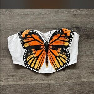 Fashion Nova White Strapless Top with Orange Butterfly Graphic